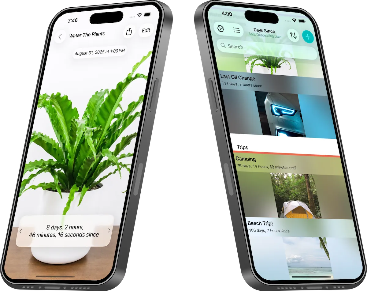 Two smartphones displaying apps: the left phone shows a plant watering schedule with a photo of a green potted plant, and the right phone shows a travel app with trip logs, including one for camping and beach trips, with photos of a tent and a beach scene.
