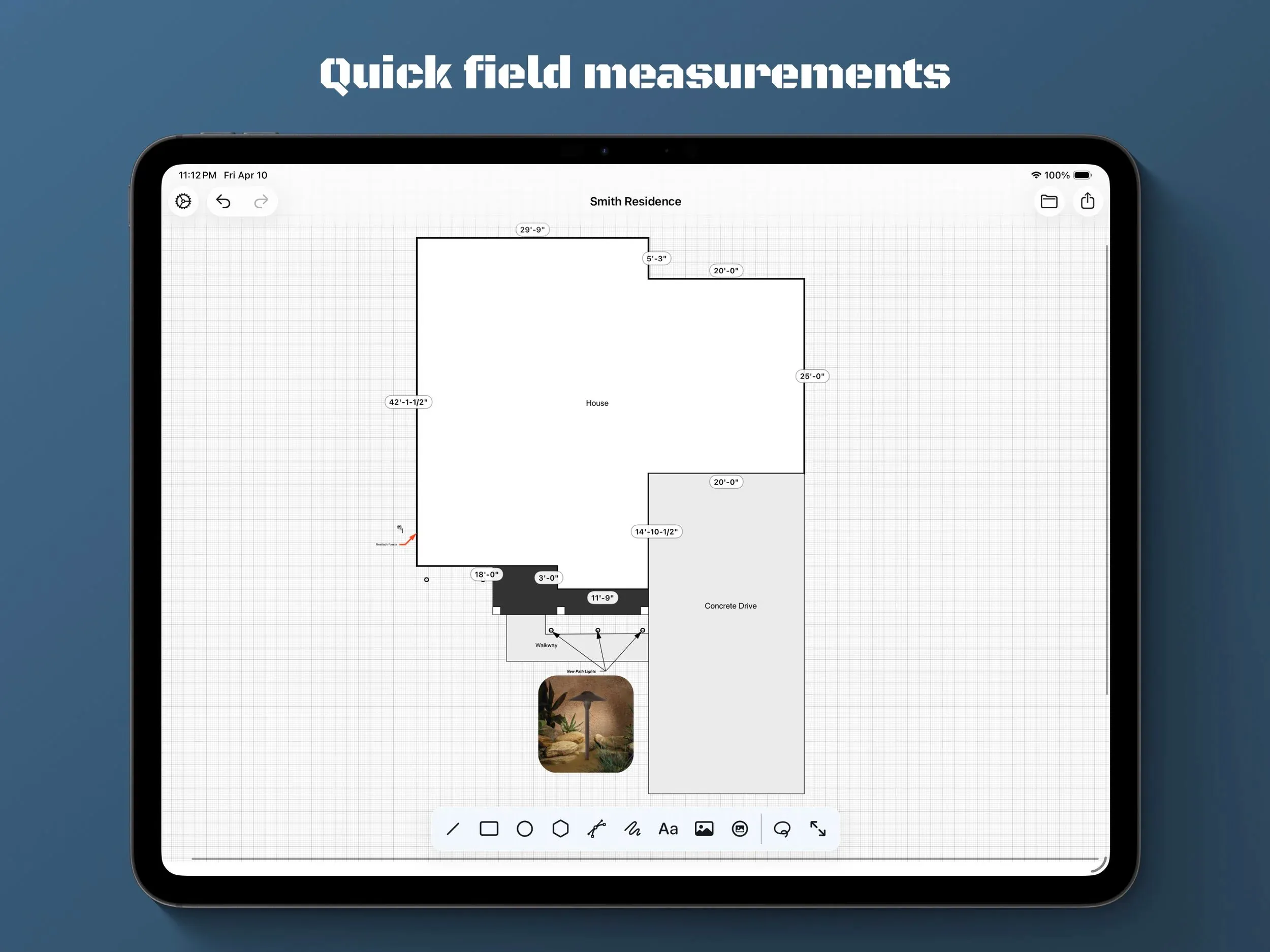 FieldGraph on an iPad showing a floor plan of the Smith Residence with room dimensions, captioned “Quick field measurements”.