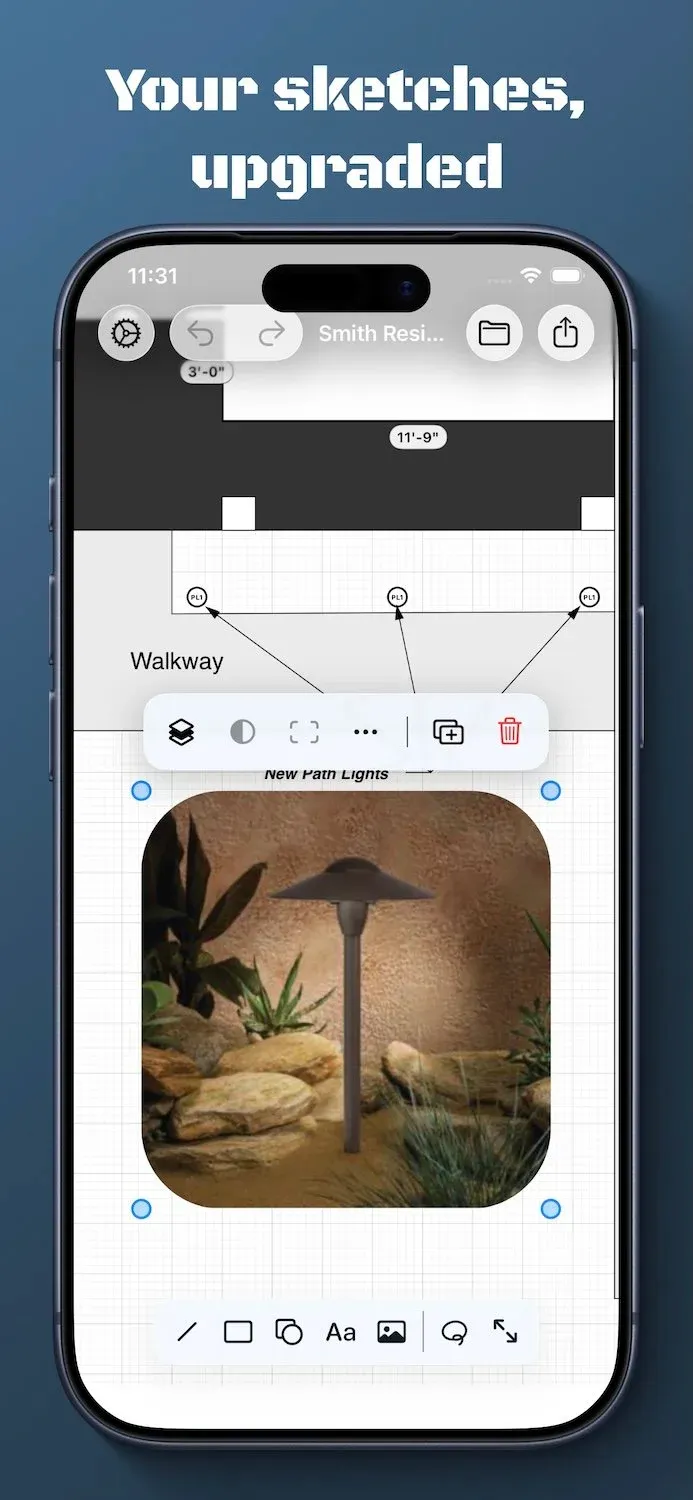 FieldGraph running on an iPhone, showing a landscaping sketch on a graph paper canvas with the caption “Your sketches, upgraded”.