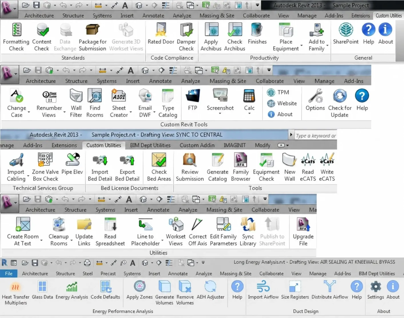 Screenshot of a software interface with multiple toolbars containing various icons and labels for architecture, structure, systems, insert, annotate, analyze, and other tools related to building design and analysis.