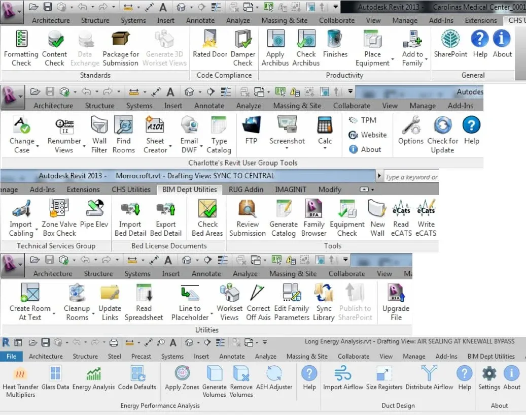 Screenshot of a software interface with multiple toolbars containing various icons and labels for architecture, structure, systems, insert, annotate, analyze, and other tools related to building design and analysis.